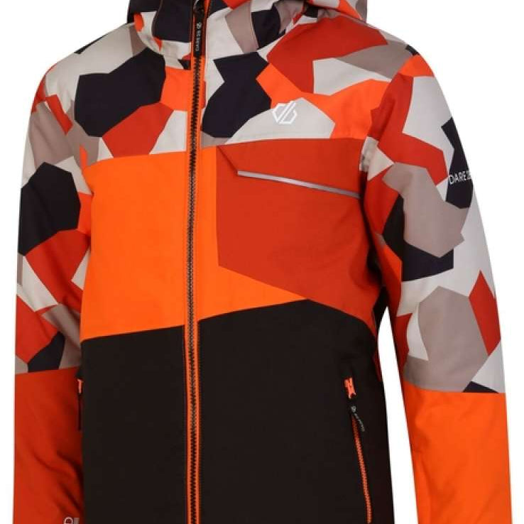 Dare2B Children's Traverse Insulated Jacket 2024 - A children's jacket with a geometric pattern in shades of orange, gray, and white.