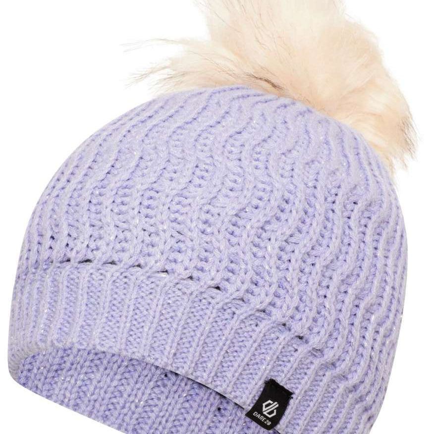 Dare2B Children's In The Know Beanie 2024 - A light purple beanie with a sparkly thread running through it and a fluffy white pom-pom on top.