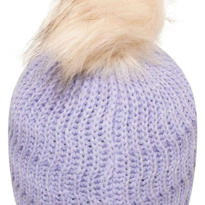 Dare2B Childrens In The Know Beanie 2024 - A lilac beanie with a light pink faux fur pom-pom on top.