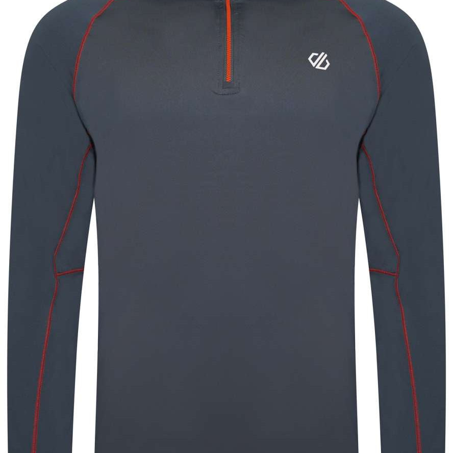 Dare2B Interfused II Stretch Zip Turtle Neck 2022-2023 - A dark grey turtle neck with a zip at the top and red stitching along the sides.