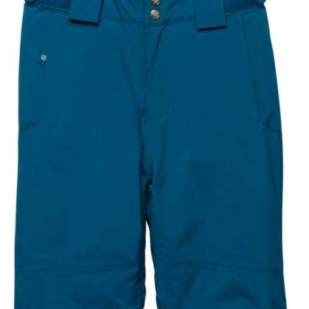 Dare2B Junior's Outdoor Insulated Bib Pant 2024 - Dark blue bib pants with adjustable suspenders and silver snap buttons on front.