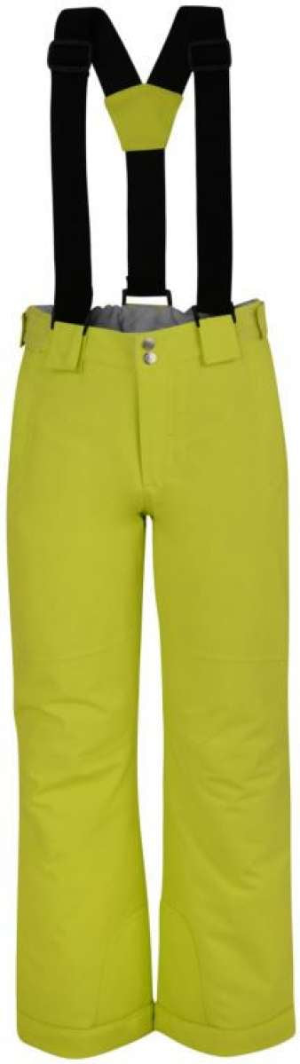 Dare2B Junior's Outmove Insulated Pant 2021-2022 - A pair of lime green snow pants with adjustable black suspenders and a gray interior lining.