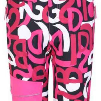 Dare2B Junior's POW Insulated Pant 2024 - Black snow pants with a pink and white abstract pattern, featuring adjustable straps on the back.