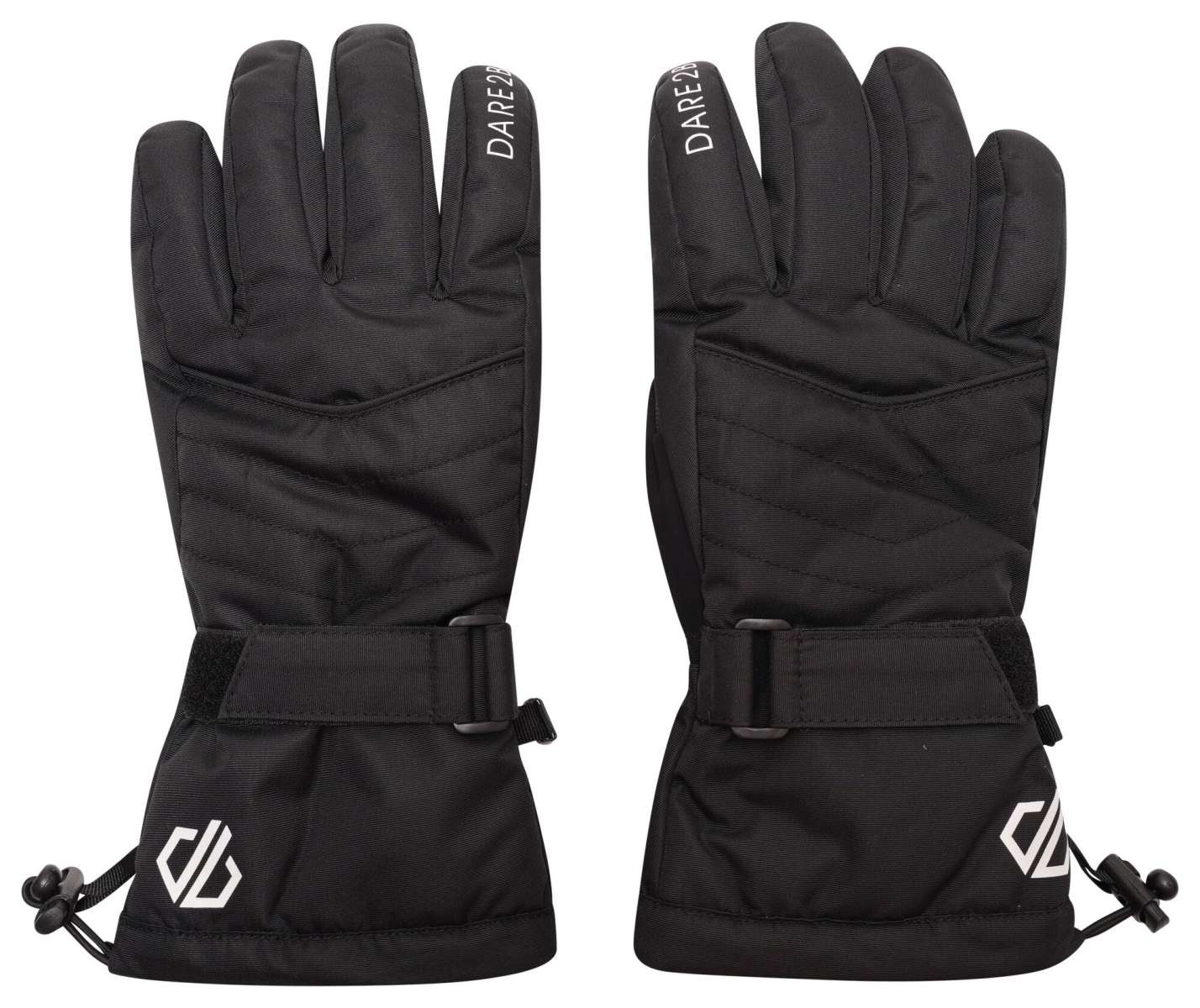 Dare2B Women's Acute Gloves 2024 - Black gloves with quilted pattern on back of hand and white logo on wrist strap.