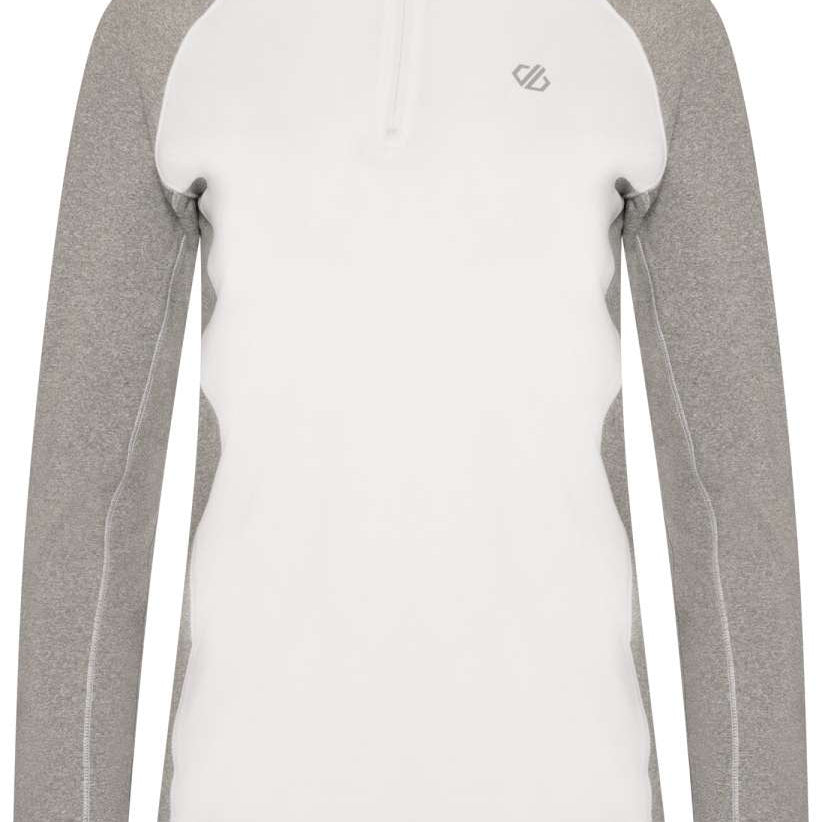 Dare2B Ladies Involved II Stretch Zip Turtle Neck 2022-2023 - A heathered grey zip turtle neck with a small logo on the left chest and a black zipper.
