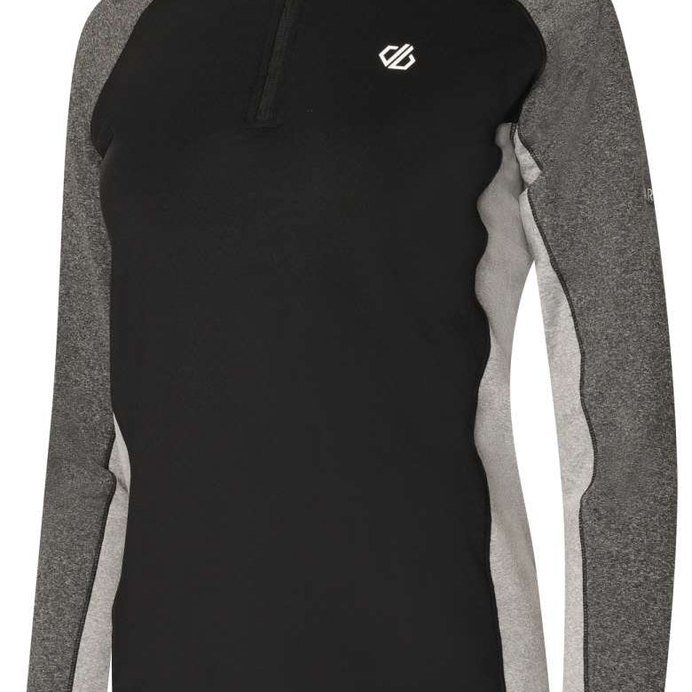 Dare2B Ladies Involved II Stretch Zip Turtle Neck 2022-2023 - A black zip turtle neck with a grey patterned back and sleeves.