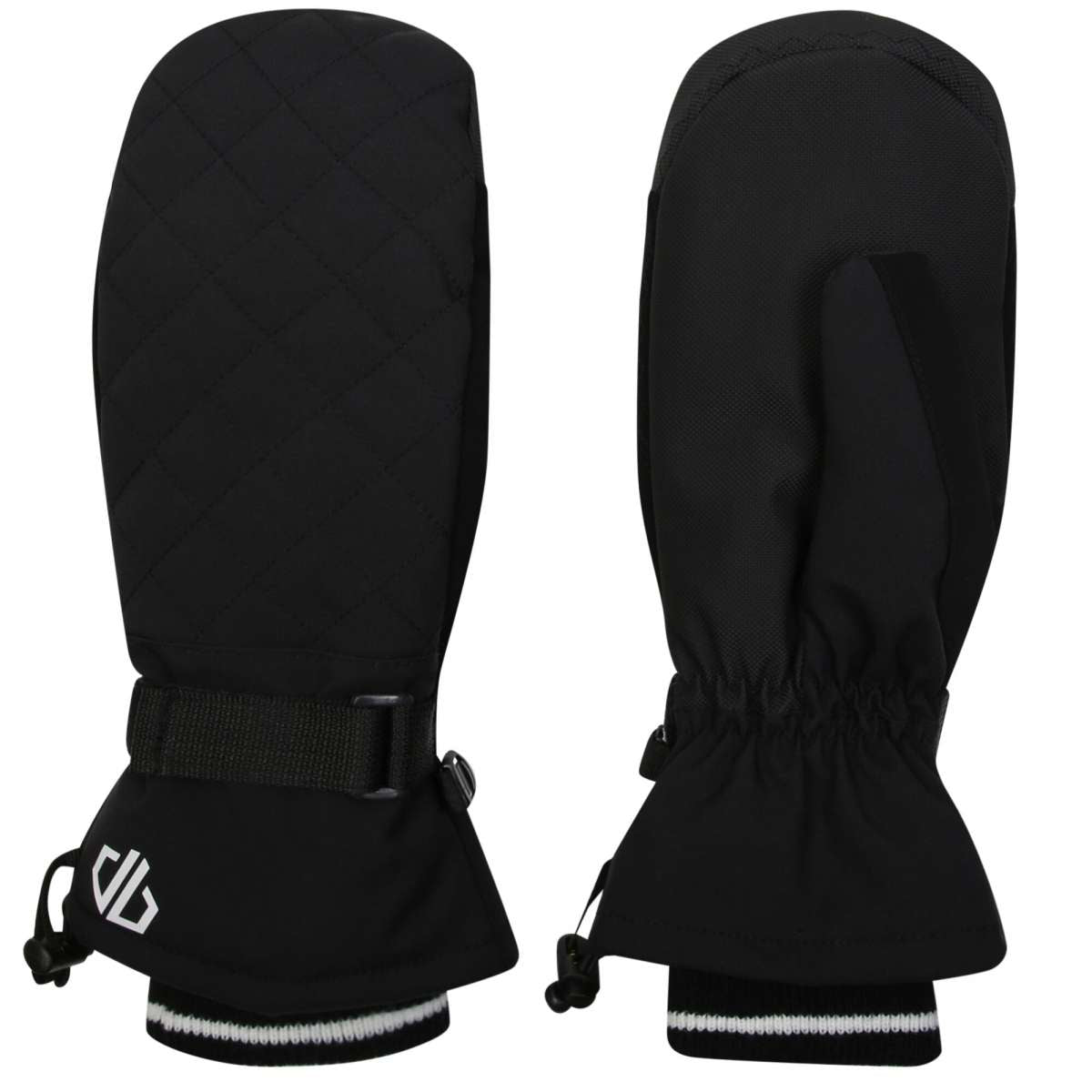 Dare2B Ladies Mode Mittens - Pair of black mittens with a quilted pattern on the back and white trim around the wrist cuff.