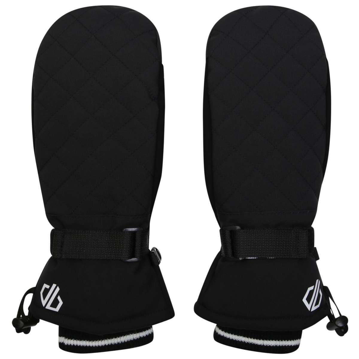 Dare2B Ladies Mode Mittens - Pair of black mittens with a quilted pattern on the back and white trim around the wrist cuff.