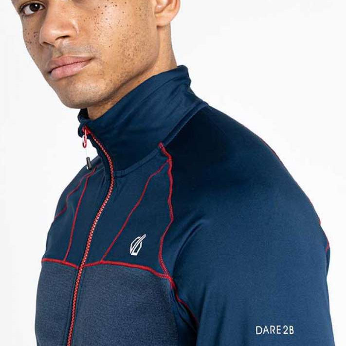 Dare2B Reformed II Core Stretch Jacket 2022-2023 - A navy blue jacket with a zippered front and red stitching on the shoulders, chest, and sides.