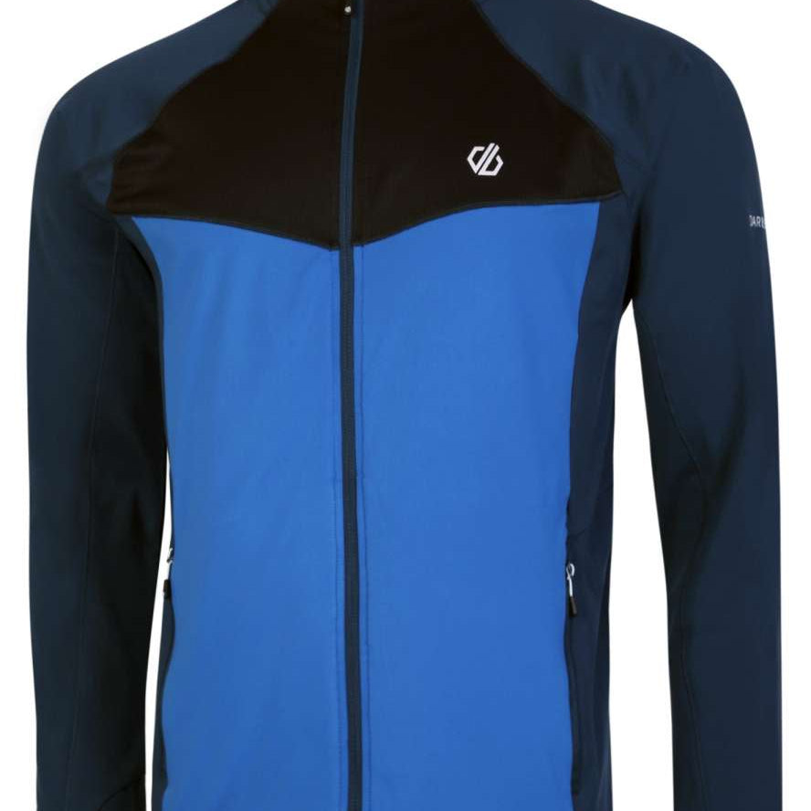 Dare2B Substratum Core Stretch Mid Layer Top 2024 - A blue mid-layer top with a black collar and white logo on the chest.