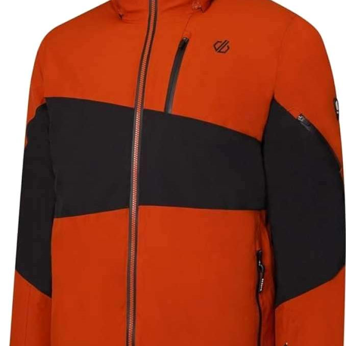 Dare2B Supernova Shell Jacket 2024 - A bright orange jacket with a black stripe across the chest and two zippered pockets on either side.