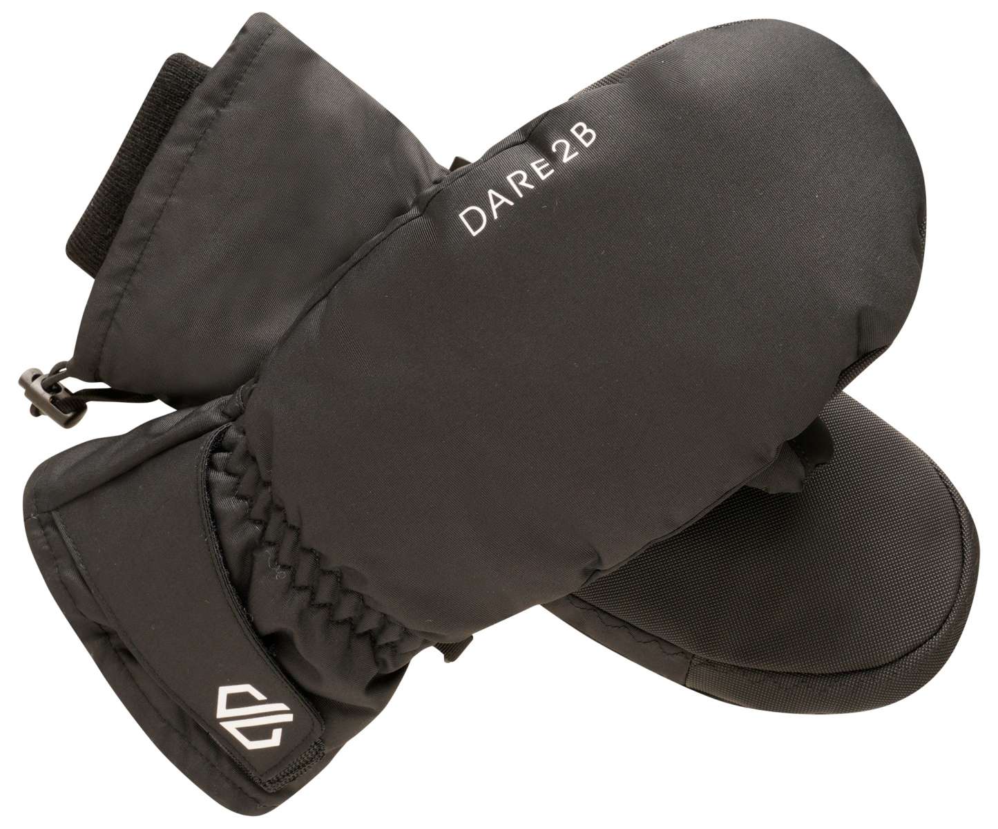 Dare2B Veracity II Mitten - Mittens are black with a textured pattern on the palm and thumb, featuring a strap closure at the wrist.