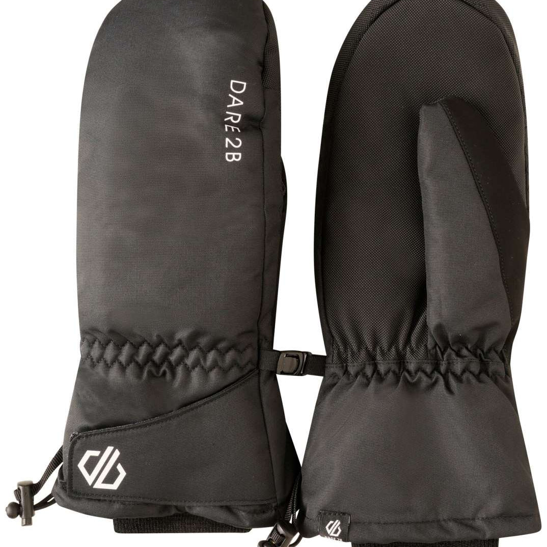 Dare2B Veracity II Mitten 2024 - A black mitten with a textured pattern on the palm and thumb, featuring a strap closure at the wrist.