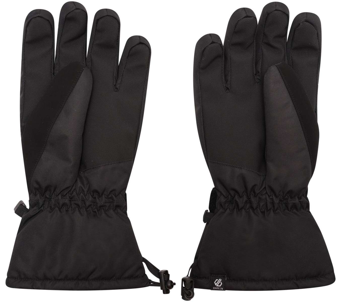 Dare2B Worthy Glove 2024 - A pair of black gloves with a textured palm and thumb, featuring a small white logo on the wrist strap.