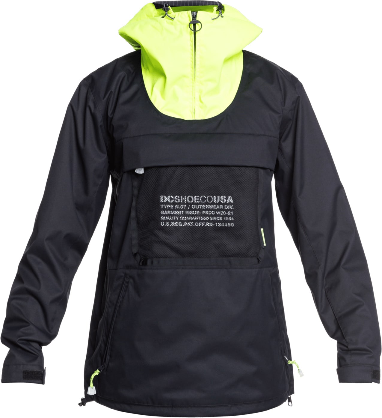 DC Junior's ASAP Anorak Jacket 2022 - A black jacket with a neon green hood and zipper.