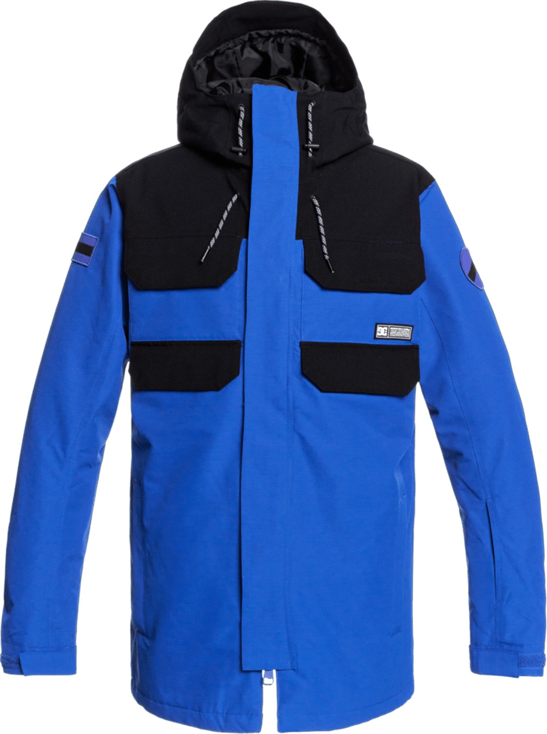 DC Haven Insulated Jacket 2022 - A royal blue jacket with black shoulder panels and a black hood, featuring two zippered chest pockets.