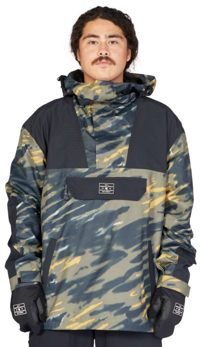 DC 43 Anorak Jacket - A camouflage-printed jacket with a hood, featuring black accents and a front zip closure.