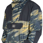 DC 43 Anorak Jacket 2023 - A camouflage-printed jacket with a hood and black accents on the shoulders, sleeves, and chest pocket.