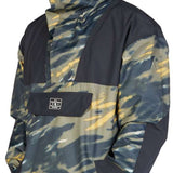 DC 43 Anorak Jacket 2023 - A camouflage-printed jacket with a hood and black accents on the shoulders, sleeves, and chest pocket.