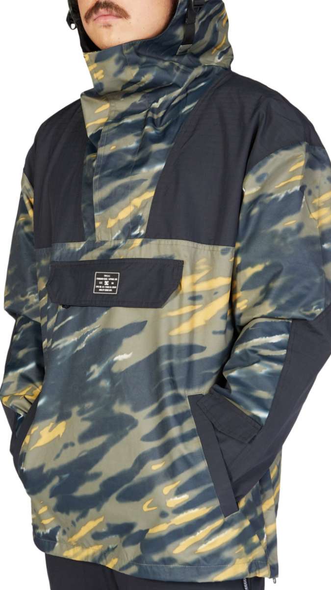 DC 43 Anorak Jacket 2023 - A camouflage-printed jacket with a hood and zippered pockets.