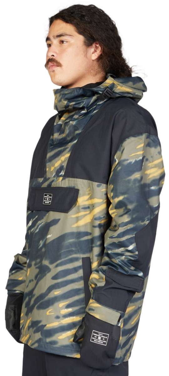 DC 43 Anorak Jacket - A camouflage-printed jacket with a hood, featuring black and yellow accents.