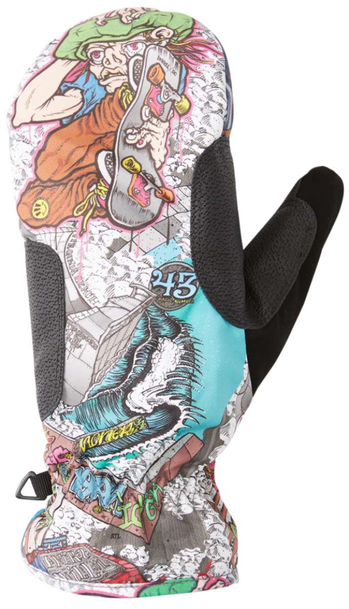 DC Ah X Tribute Mitt 2023 - A white mitt with a cartoon man wearing an orange shirt and green hat, holding a snowboard in his right hand.