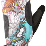 DC Ah X Tribute Mitt 2023 - A white mitt with a cartoon man wearing an orange shirt and green hat, holding a snowboard in his right hand.