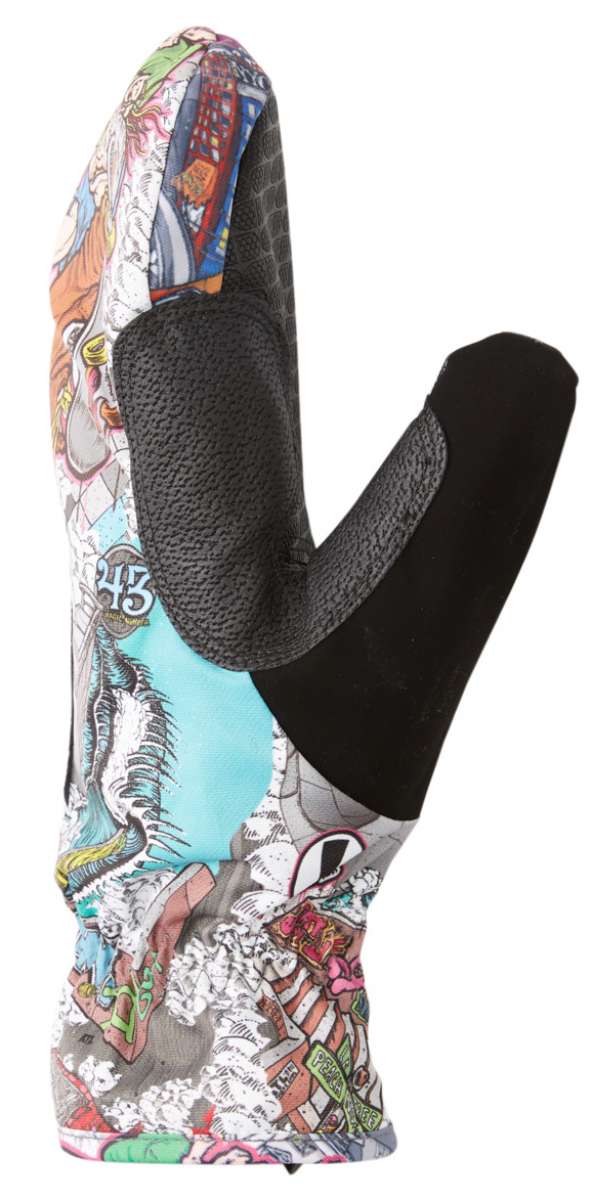 DC Ah X Tribute Mitt 2023 - A white mitt with a colorful, comic book-style graphic print featuring various characters and logos.