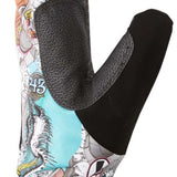 DC Ah X Tribute Mitt 2023 - A white mitt with a colorful, comic book-style graphic print featuring various characters and logos.