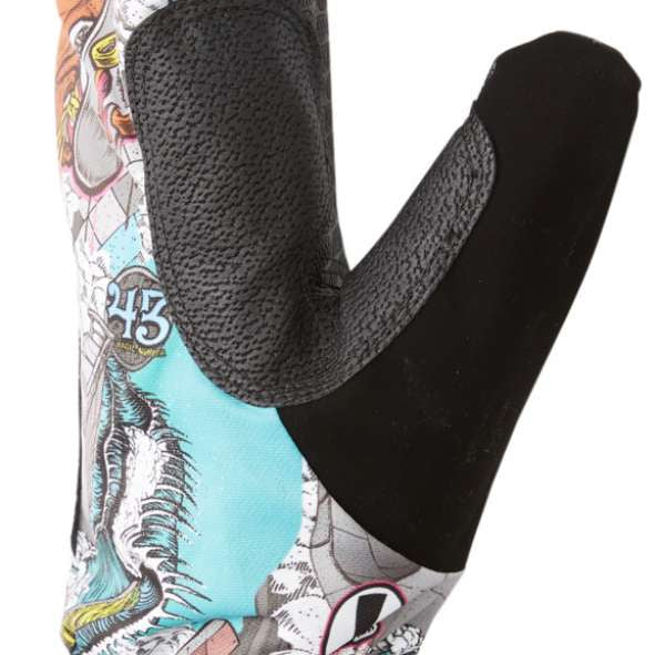 DC Ah X Tribute Mitt 2023 - A white mitt with a colorful, comic book-style graphic print featuring various characters and logos.