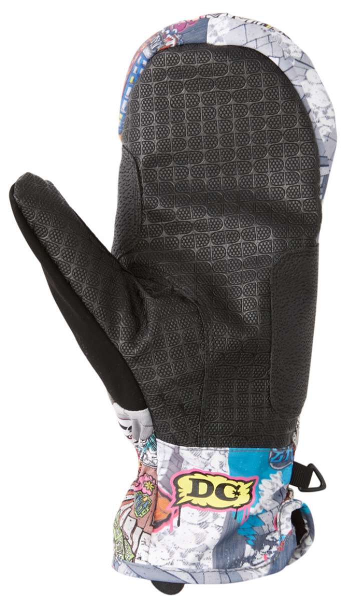 DC Ah X Tribute Mitt 2023 - A black mitt with a textured pattern on the palm and fingers, featuring a colorful DC Comics logo on the wrist strap.