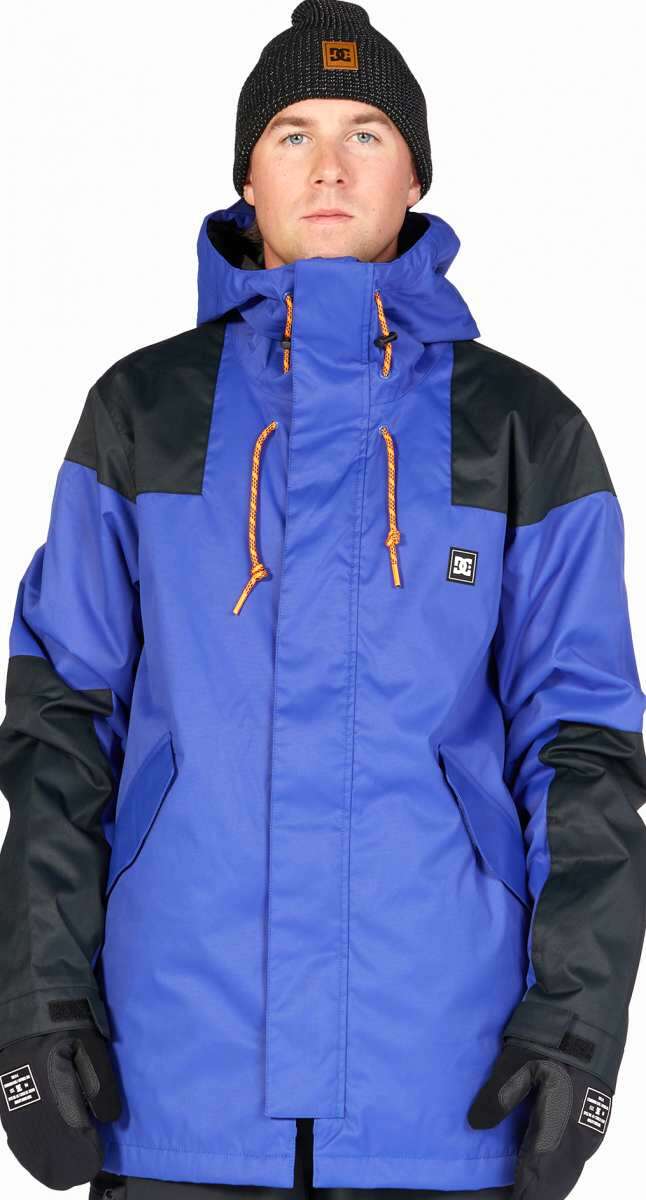 DC Anchor Insulated Jacket - A royal blue jacket with black shoulders, featuring a hood and orange drawstrings.