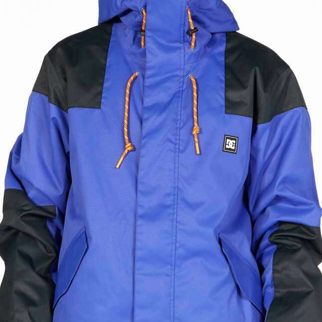 DC Anchor Insulated Jacket - A royal blue jacket with black shoulders, featuring a hood and orange drawstrings.