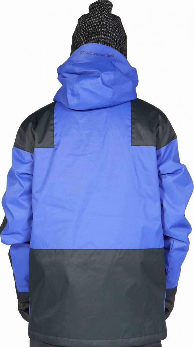 DC Anchor Insulated Jacket 2023 - A blue jacket with a black stripe across the chest and a hood, featuring a zippered front and two side pockets.