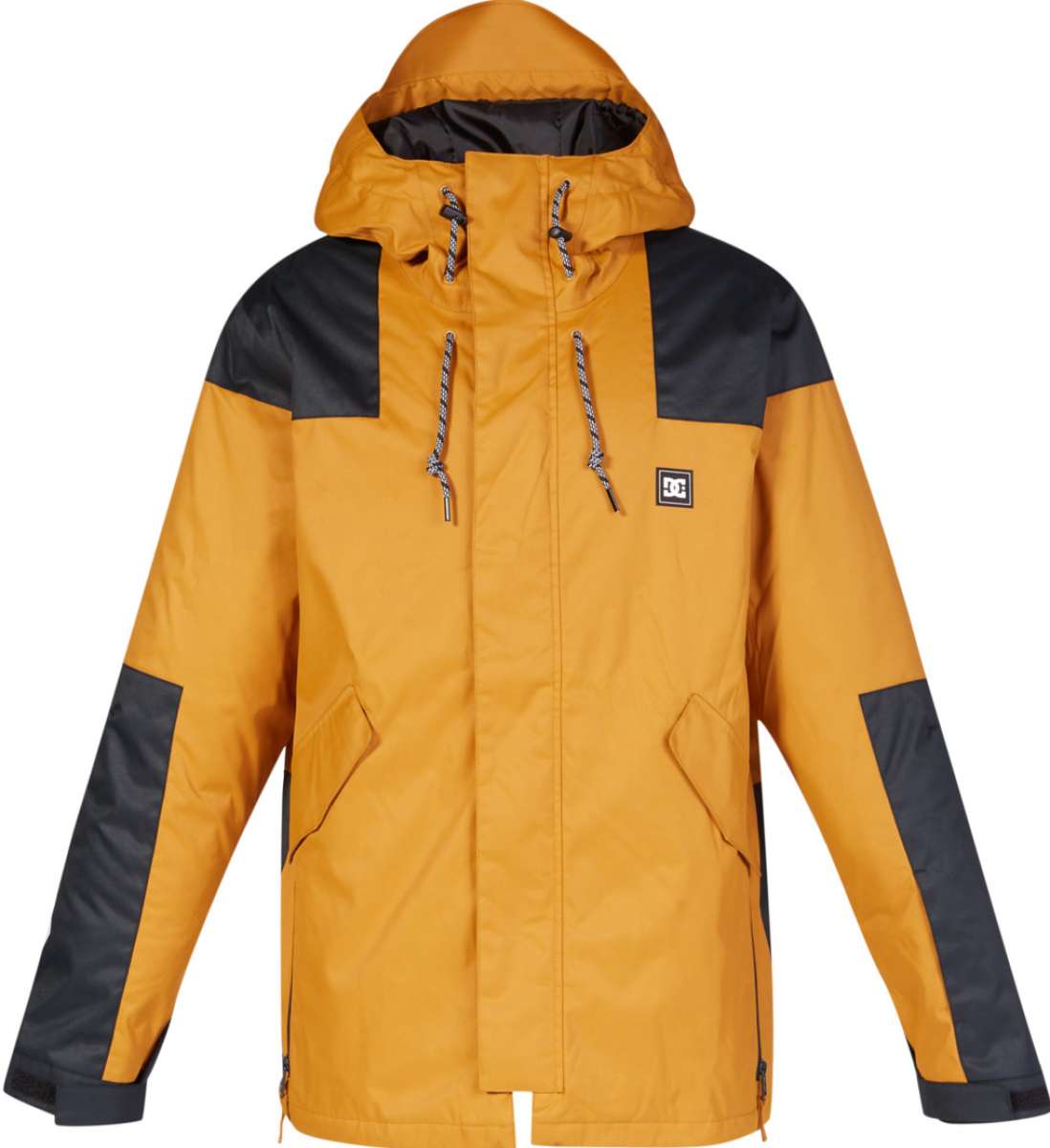 DC Anchor Insulated Jacket 2023 - A yellow jacket with black accents on the shoulders and elbows, featuring a hood and zippered pockets.