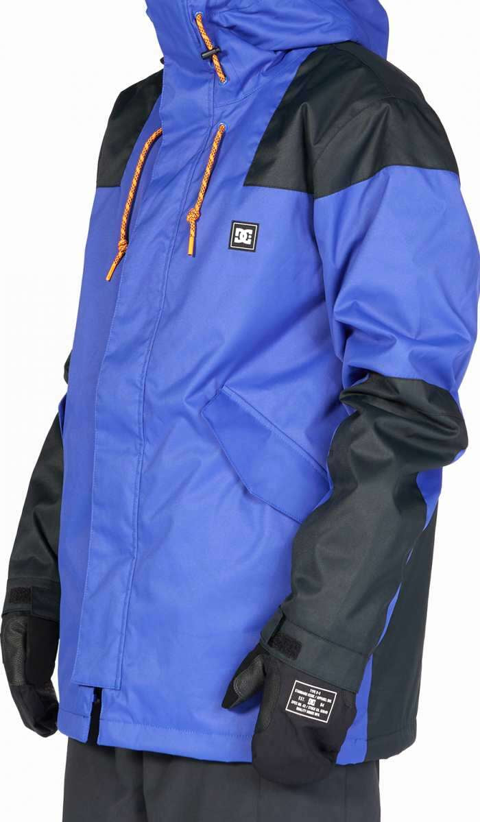 DC Anchor Insulated Jacket - A royal blue jacket with black shoulders, featuring a hood and orange drawstrings.
