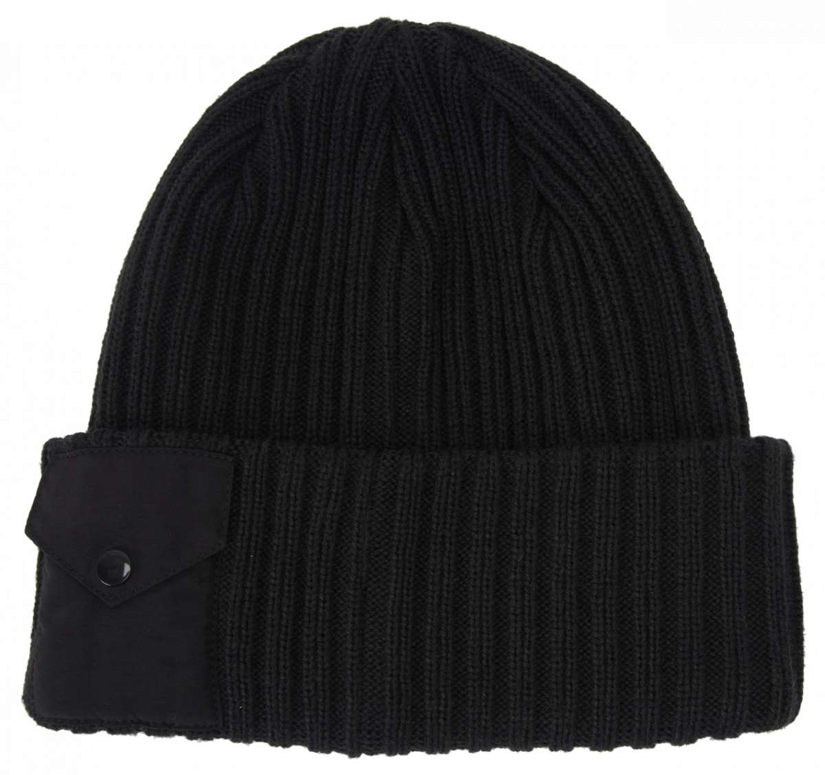 DC Arsenal Beanie 2024 - Black beanie with a folded cuff at the bottom and a small black snap button on the side.