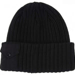 DC Arsenal Beanie 2024 - Black beanie with a folded cuff at the bottom and a small black snap button on the side.