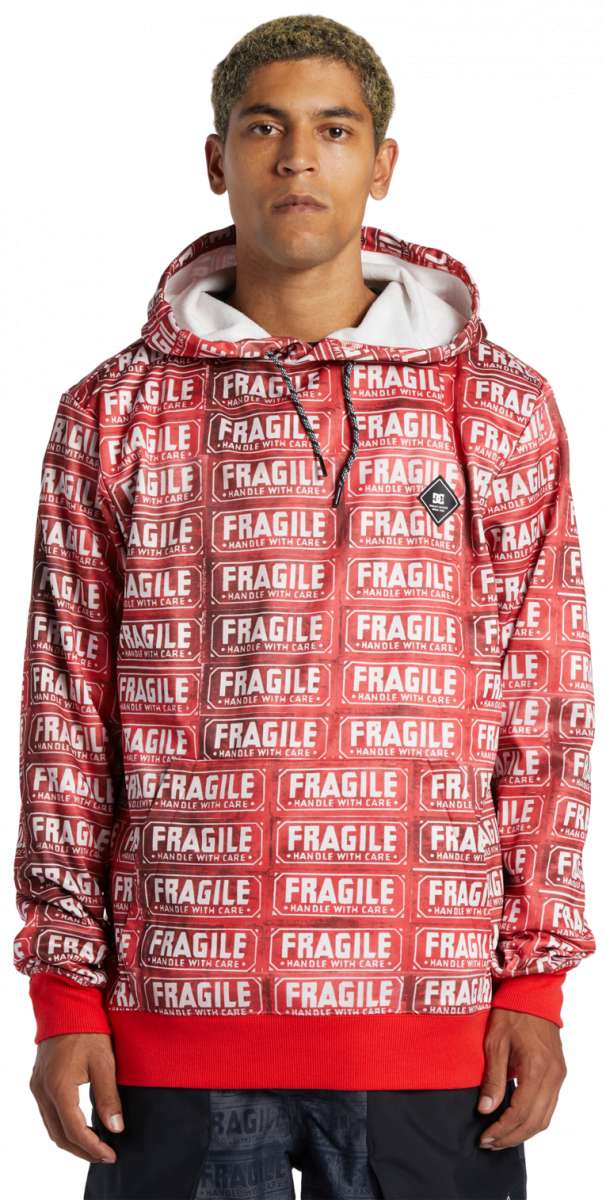 DC AW Snowstar Fleece Hoodie 2024 - Red fleece hoodie with white snowboarder graphic and black drawstrings.