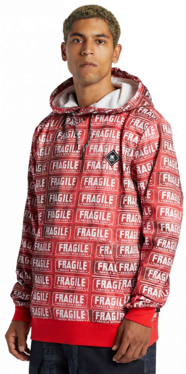 DC AW Snowstar Fleece Hoodie 2024 - Red fleece hoodie with white snowboarder graphic and black drawstrings.