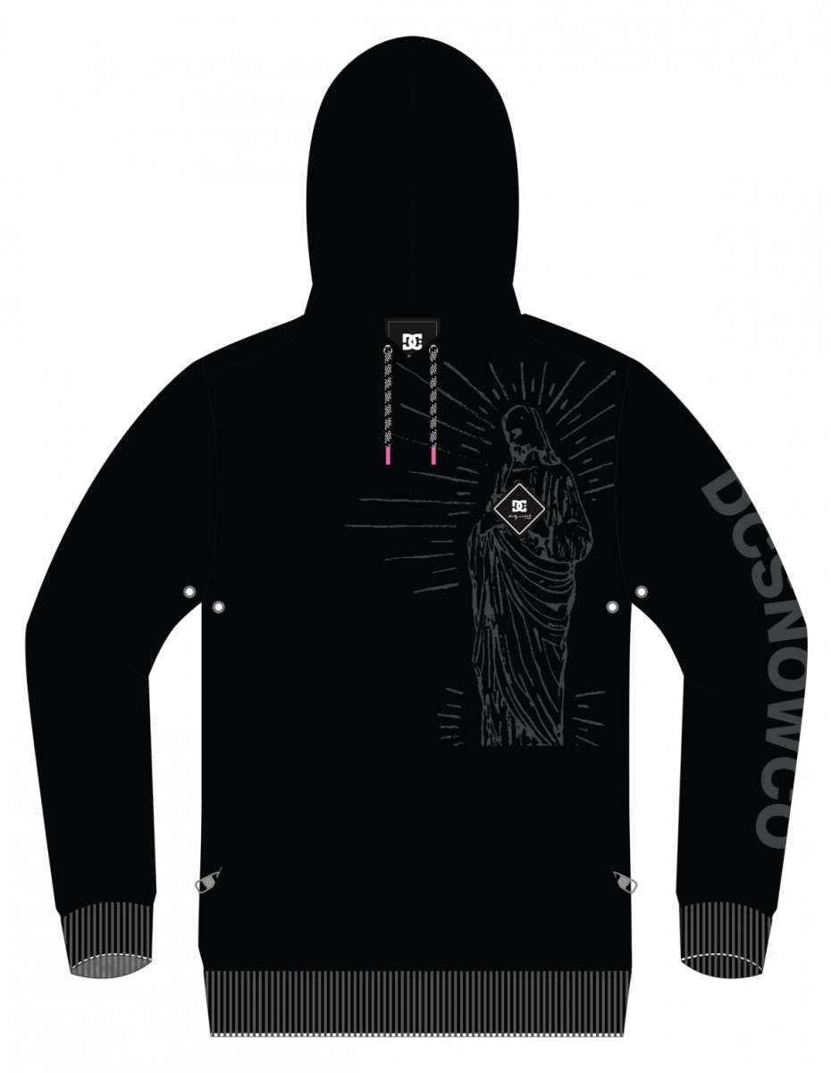 DC AW Snowstar Fleece Hoodie 2024 - A black hoodie with a white DC logo on the chest and a white snowboarder graphic on the back.