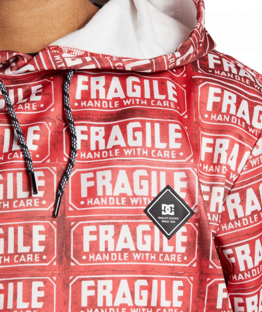 DC AW Snowstar Fleece Hoodie 2024 - A red fleece hoodie with white snowboarder and mountain graphics, featuring a hood and drawstrings.