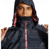 DC AW Vista Shell Jacket 2024 - A black jacket with a repeating pattern of white "Fragile" labels and a red zipper pull.
