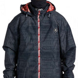 DC AW Vista Shell Jacket 2024 - A black jacket with a repeating pattern of "DC" and "AW" logos in white, featuring a red zipper pull.