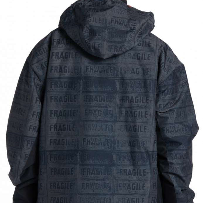 DC AW Vista Shell Jacket 2024 - A black jacket with a subtle pattern of small white snowflakes and geometric shapes, featuring a hood and zip closure.