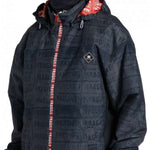 DC AW Vista Shell Jacket 2024 - A black jacket with a repeating pattern of "FRAGILE" labels in gray, featuring red accents on the hood and zipper.