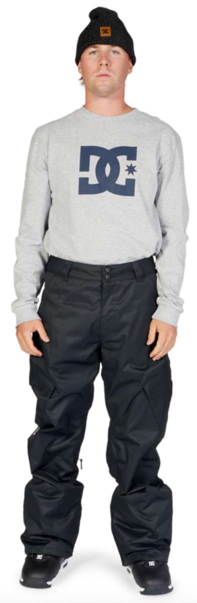DC Banshee Insulated Pant 2023 - Black insulated snow pants with a zippered pocket on the thigh and adjustable Velcro straps at the waist.
