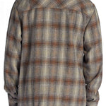 DC Canyon Full Zip Flannel 2024 - A plaid flannel shirt with a full zip front and two chest pockets, featuring a brown, white, and black color scheme.
