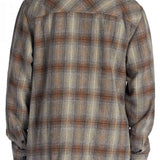 DC Canyon Full Zip Flannel 2024 - A plaid flannel shirt with a full zip front and two chest pockets, featuring a brown, white, and black color scheme.