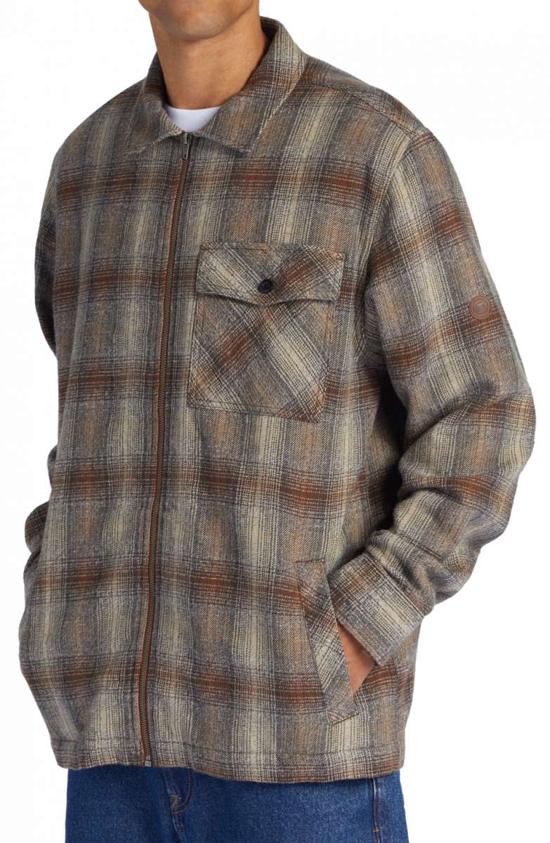 DC Canyon Full Zip Flannel 2024 - A plaid flannel jacket with a zip front and two chest pockets, featuring a brown, grey, and white color scheme.